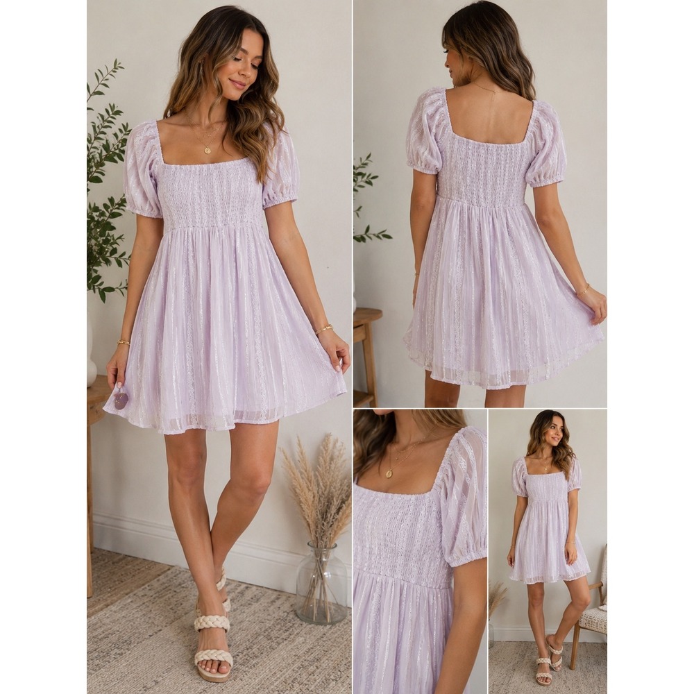 Altar'd State Lavender Babydoll Smocked Sequin Mini Dress Puff Sleeve Small